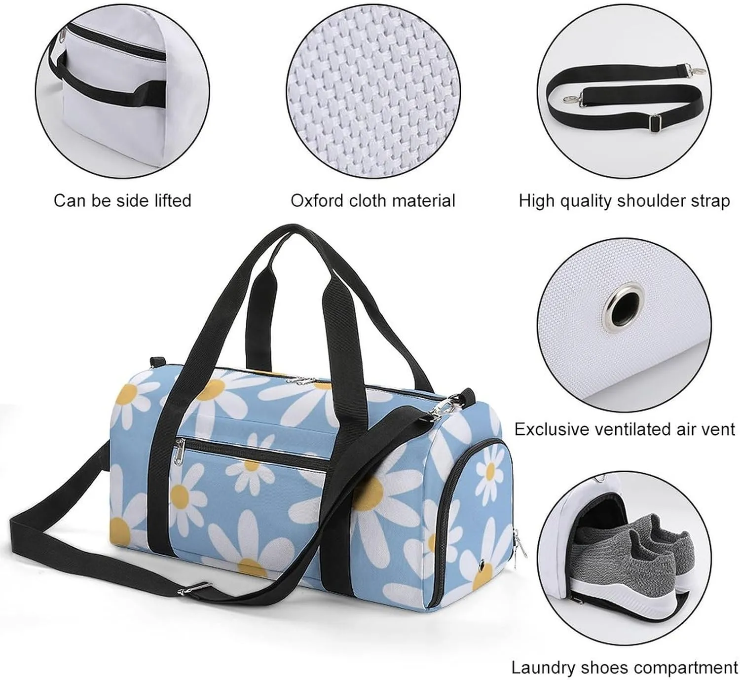 Gym Duffel Bag with Shoe Compartment Wet Pocket, Chamomile Cute Daisy Travel Bag for Men Women