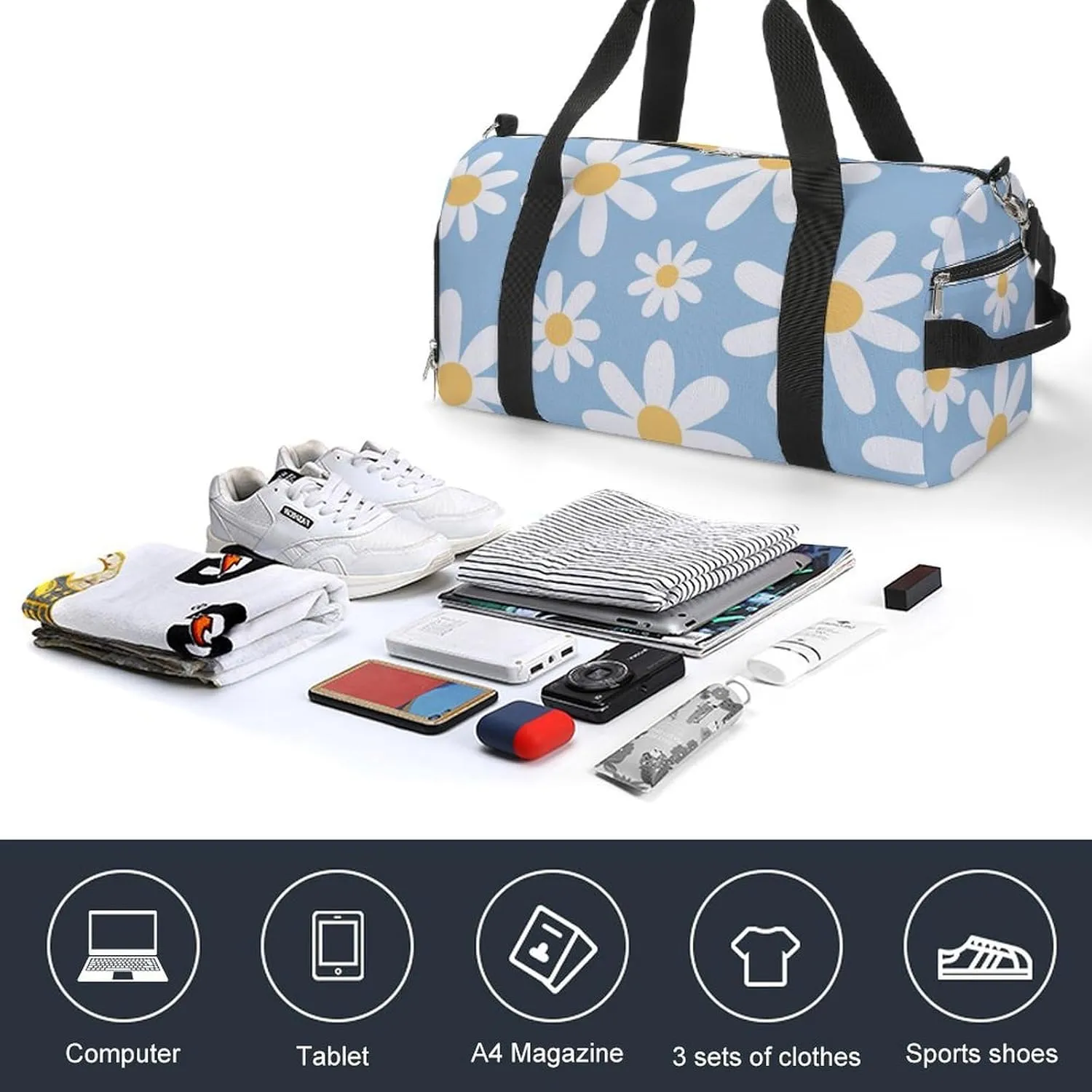 Gym Duffel Bag with Shoe Compartment Wet Pocket, Chamomile Cute Daisy Travel Bag for Men Women