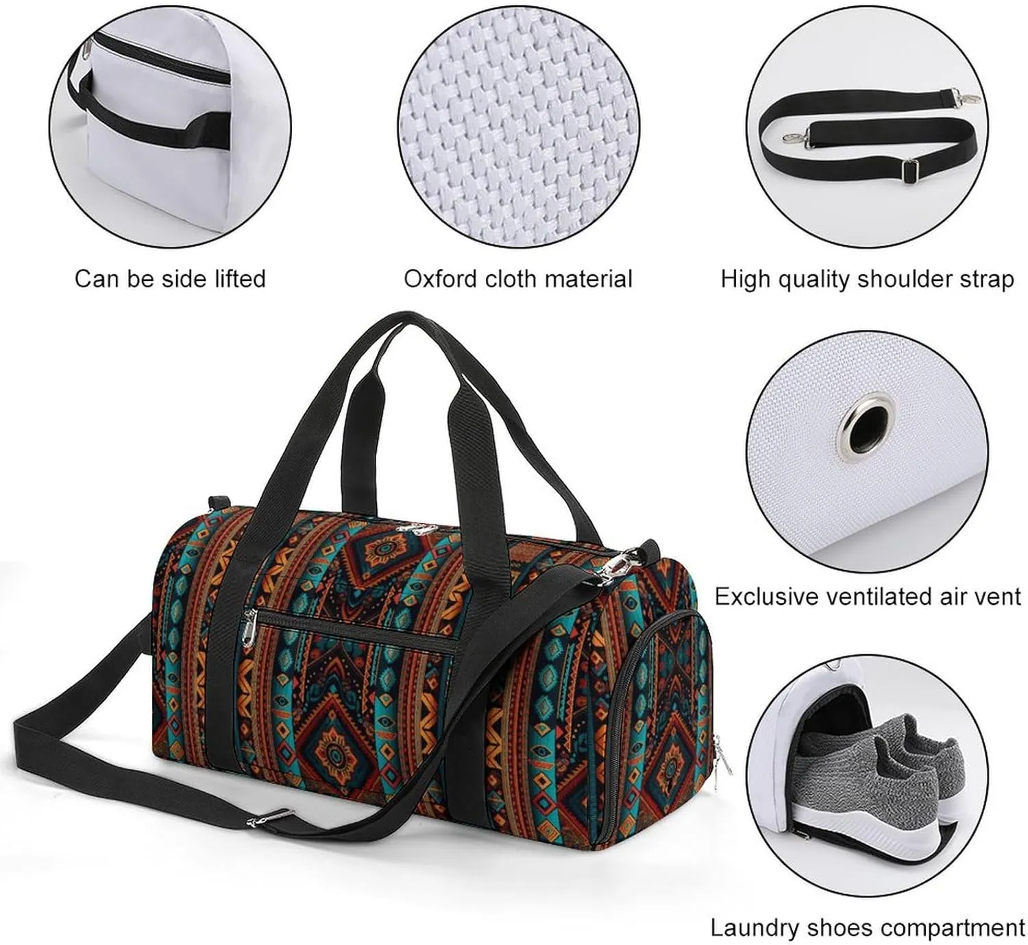 Gym Duffel Bag with Shoe Compartment Wet Pocket, Ethnic Retro Travel Bag for Men Women
