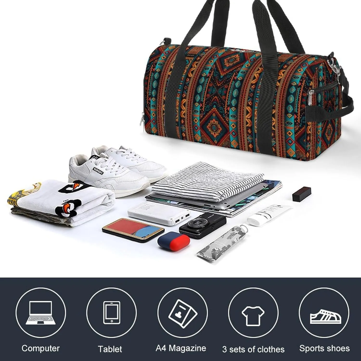 Gym Duffel Bag with Shoe Compartment Wet Pocket, Ethnic Retro Travel Bag for Men Women