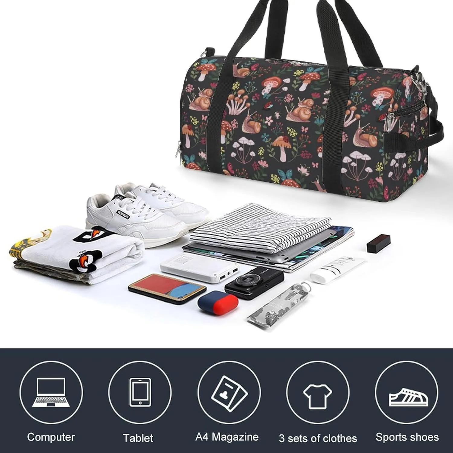 Gym Duffel Bag with Shoe Compartment Wet Pocket, Mushroom Snail Pattern Travel Bag for Men Women