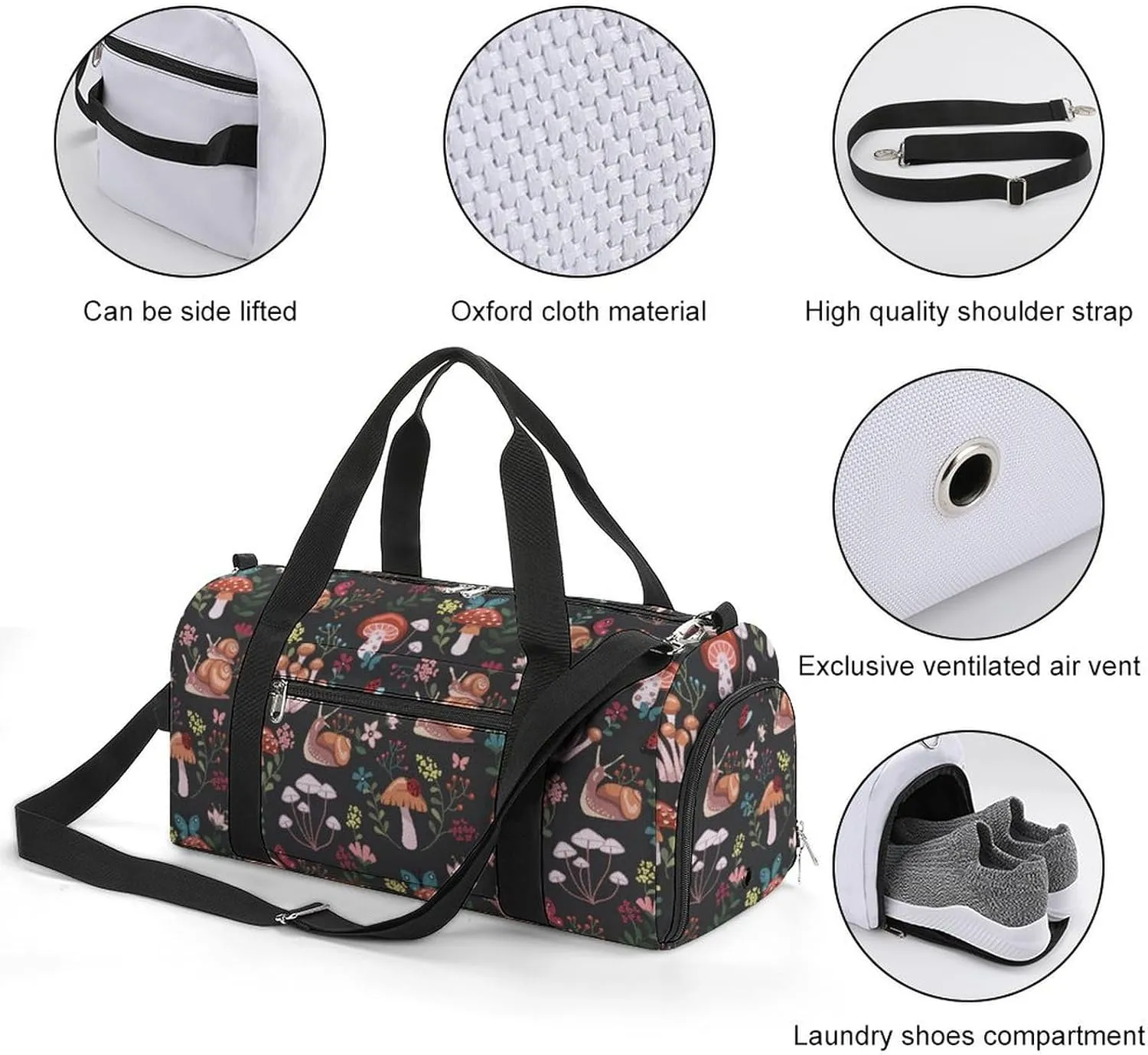 Gym Duffel Bag with Shoe Compartment Wet Pocket, Mushroom Snail Pattern Travel Bag for Men Women