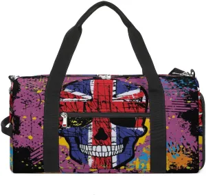 Gym Duffel Bag with Shoe Compartment Wet Pocket, Skull British Flag Grunge Travel Bag for Men Women