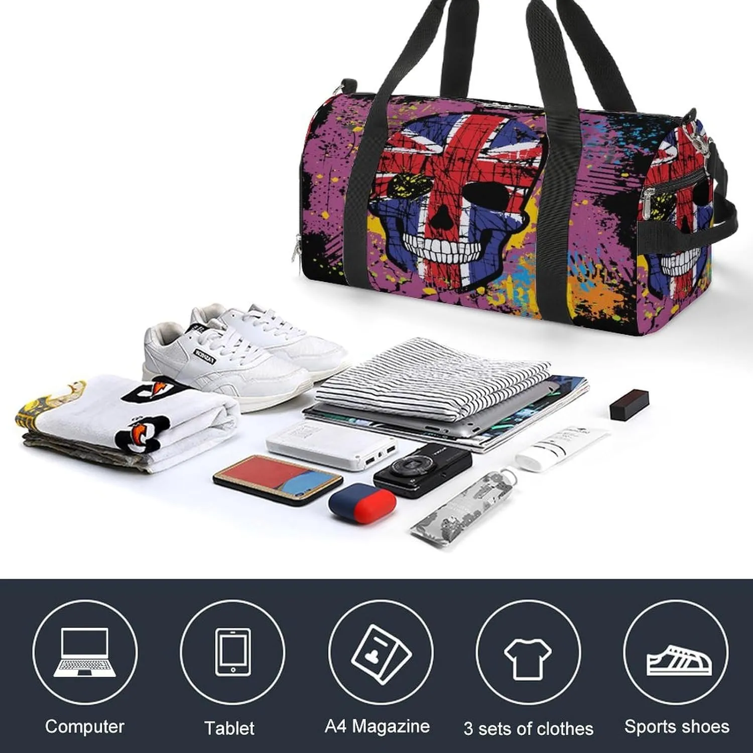 Gym Duffel Bag with Shoe Compartment Wet Pocket, Skull British Flag Grunge Travel Bag for Men Women