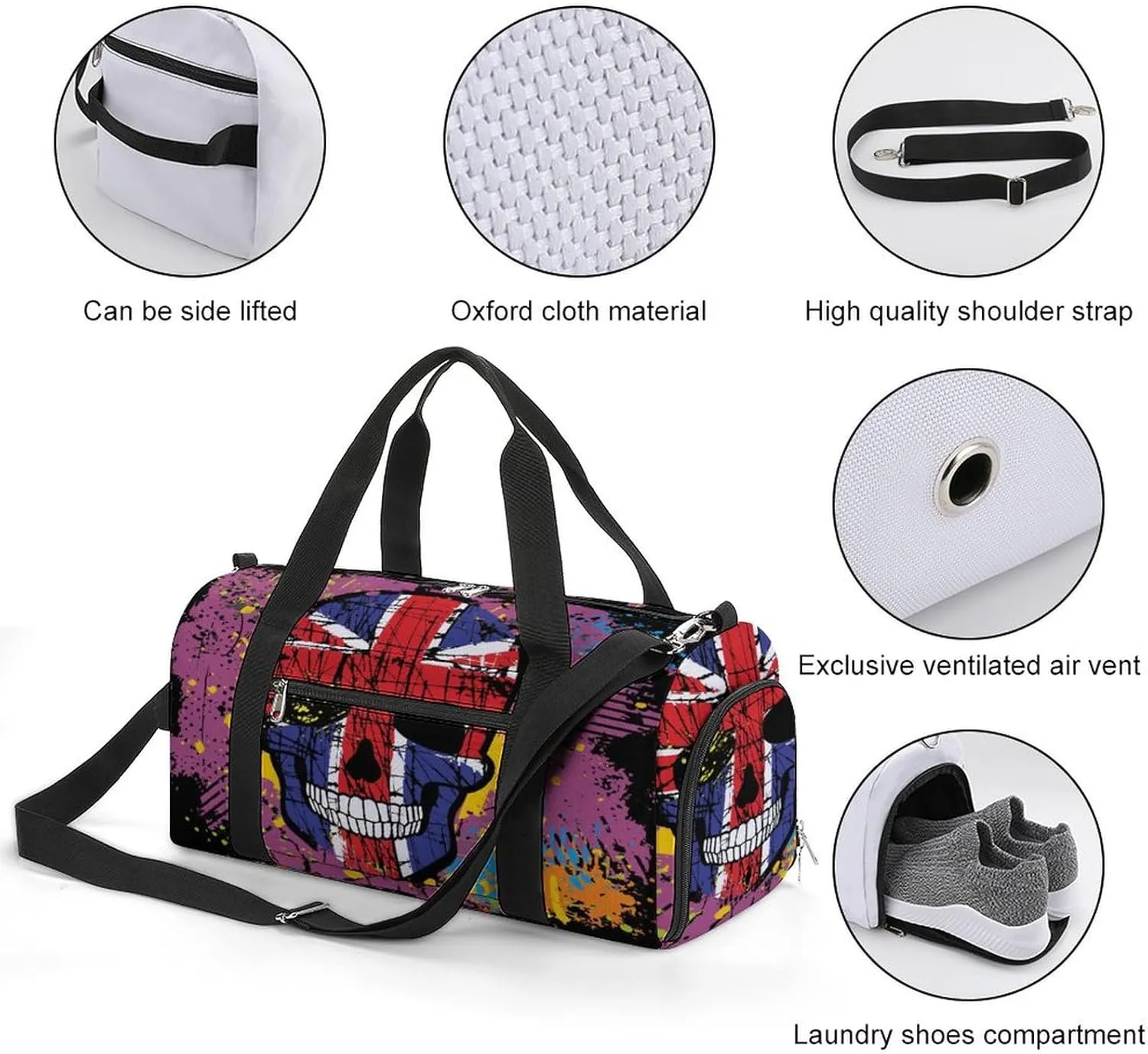 Gym Duffel Bag with Shoe Compartment Wet Pocket, Skull British Flag Grunge Travel Bag for Men Women