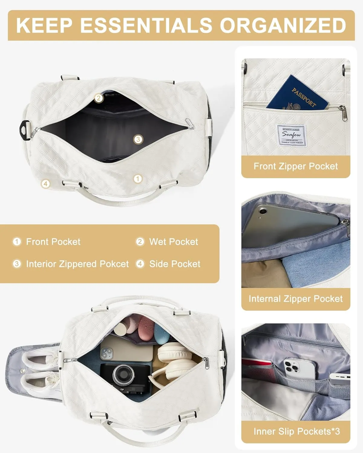 Gym Duffle Bag for Women with Shoe Compartment Waterproof Travel Tote Bags Personal Item Carry On Weekender Overnight Bags with Toiletry Bag Swimming Yoga Bags Hospital Holdalls Beige