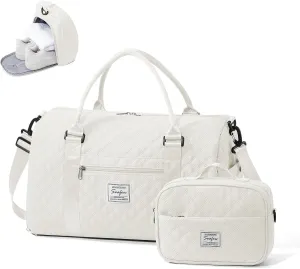 Gym Duffle Bag for Women with Shoe Compartment Waterproof Travel Tote Bags Personal Item Carry On Weekender Overnight Bags with Toiletry Bag Swimming Yoga Bags Hospital Holdalls Beige