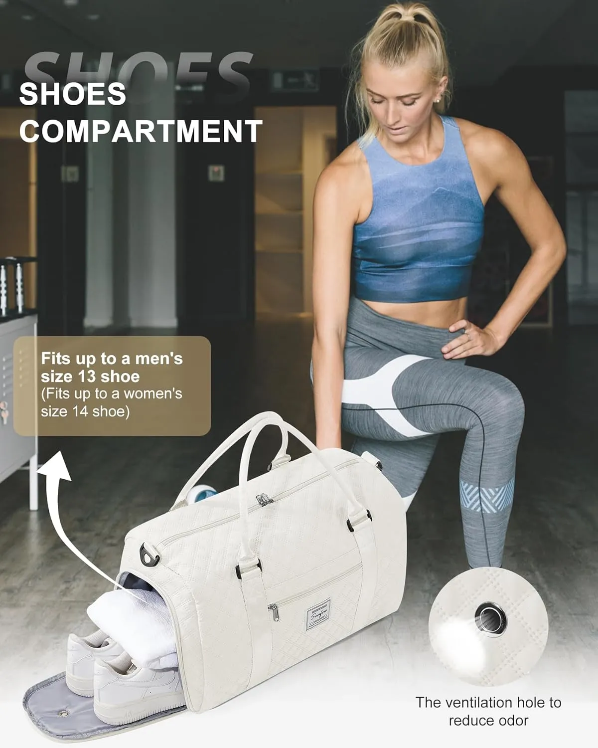 Gym Duffle Bag for Women with Shoe Compartment Waterproof Travel Tote Bags Personal Item Carry On Weekender Overnight Bags with Toiletry Bag Swimming Yoga Bags Hospital Holdalls Beige