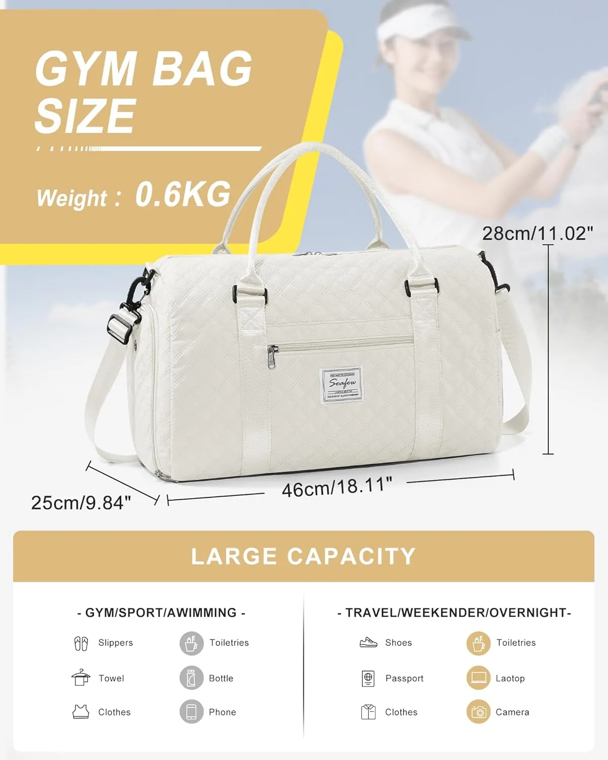 Gym Duffle Bag for Women with Shoe Compartment Waterproof Travel Tote Bags Personal Item Carry On Weekender Overnight Bags with Toiletry Bag Swimming Yoga Bags Hospital Holdalls Beige