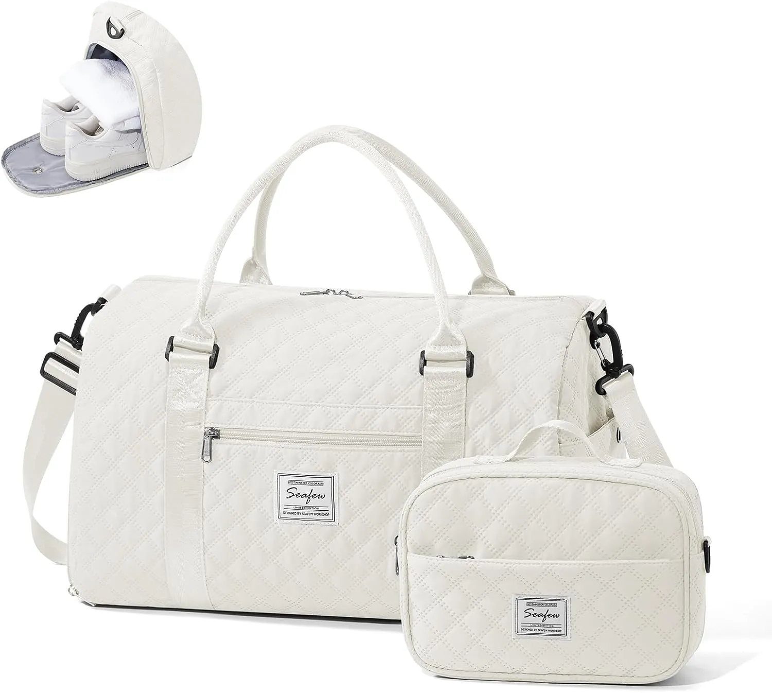 Gym Duffle Bag for Women with Shoe Compartment Waterproof Travel Tote Bags Personal Item Carry On Weekender Overnight Bags with Toiletry Bag Swimming Yoga Bags Hospital Holdalls Beige