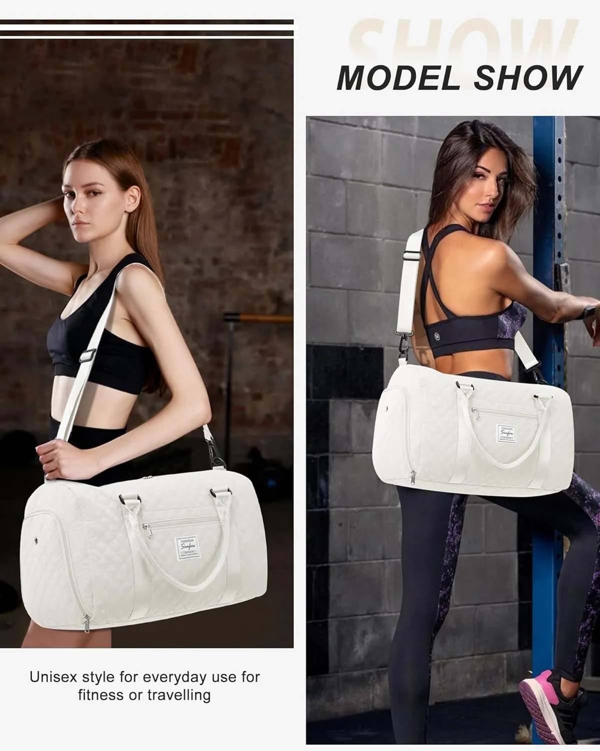 Gym Duffle Bag for Women with Shoe Compartment Waterproof Travel Tote Bags Personal Item Carry On Weekender Overnight Bags with Toiletry Bag Swimming Yoga Bags Hospital Holdalls Beige