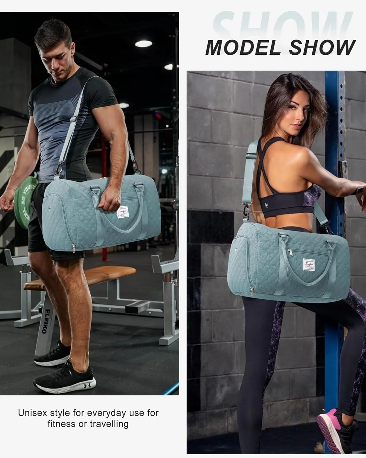 Gym Duffle Bag for Women with Shoe Compartment Waterproof Travel Tote Bags Personal Item Carry On Weekender Overnight Bags with Toiletry Bag Swimming Yoga Bags Hospital Holdalls Light Blue