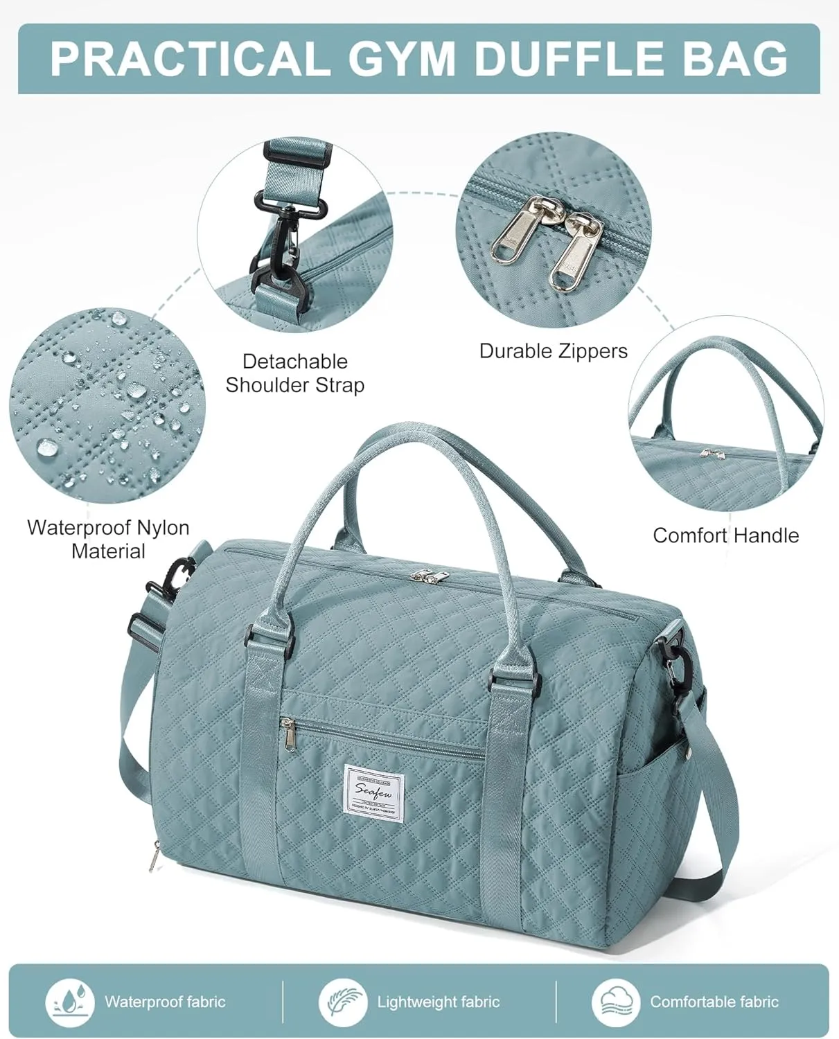 Gym Duffle Bag for Women with Shoe Compartment Waterproof Travel Tote Bags Personal Item Carry On Weekender Overnight Bags with Toiletry Bag Swimming Yoga Bags Hospital Holdalls Light Blue