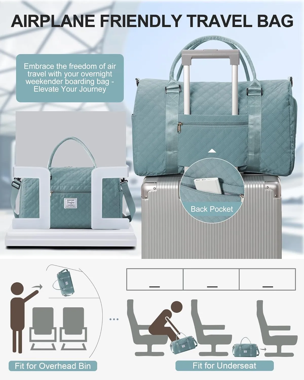Gym Duffle Bag for Women with Shoe Compartment Waterproof Travel Tote Bags Personal Item Carry On Weekender Overnight Bags with Toiletry Bag Swimming Yoga Bags Hospital Holdalls Light Blue