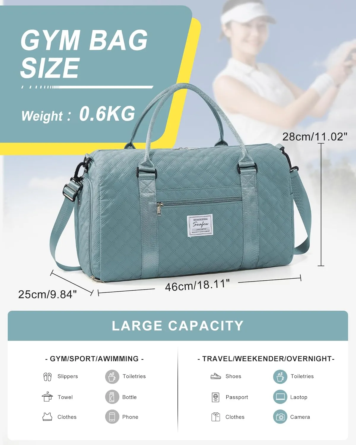 Gym Duffle Bag for Women with Shoe Compartment Waterproof Travel Tote Bags Personal Item Carry On Weekender Overnight Bags with Toiletry Bag Swimming Yoga Bags Hospital Holdalls Light Blue