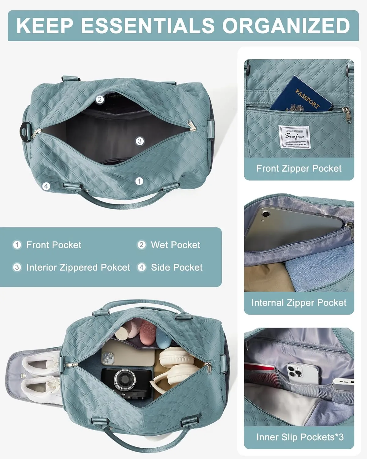 Gym Duffle Bag for Women with Shoe Compartment Waterproof Travel Tote Bags Personal Item Carry On Weekender Overnight Bags with Toiletry Bag Swimming Yoga Bags Hospital Holdalls Light Blue