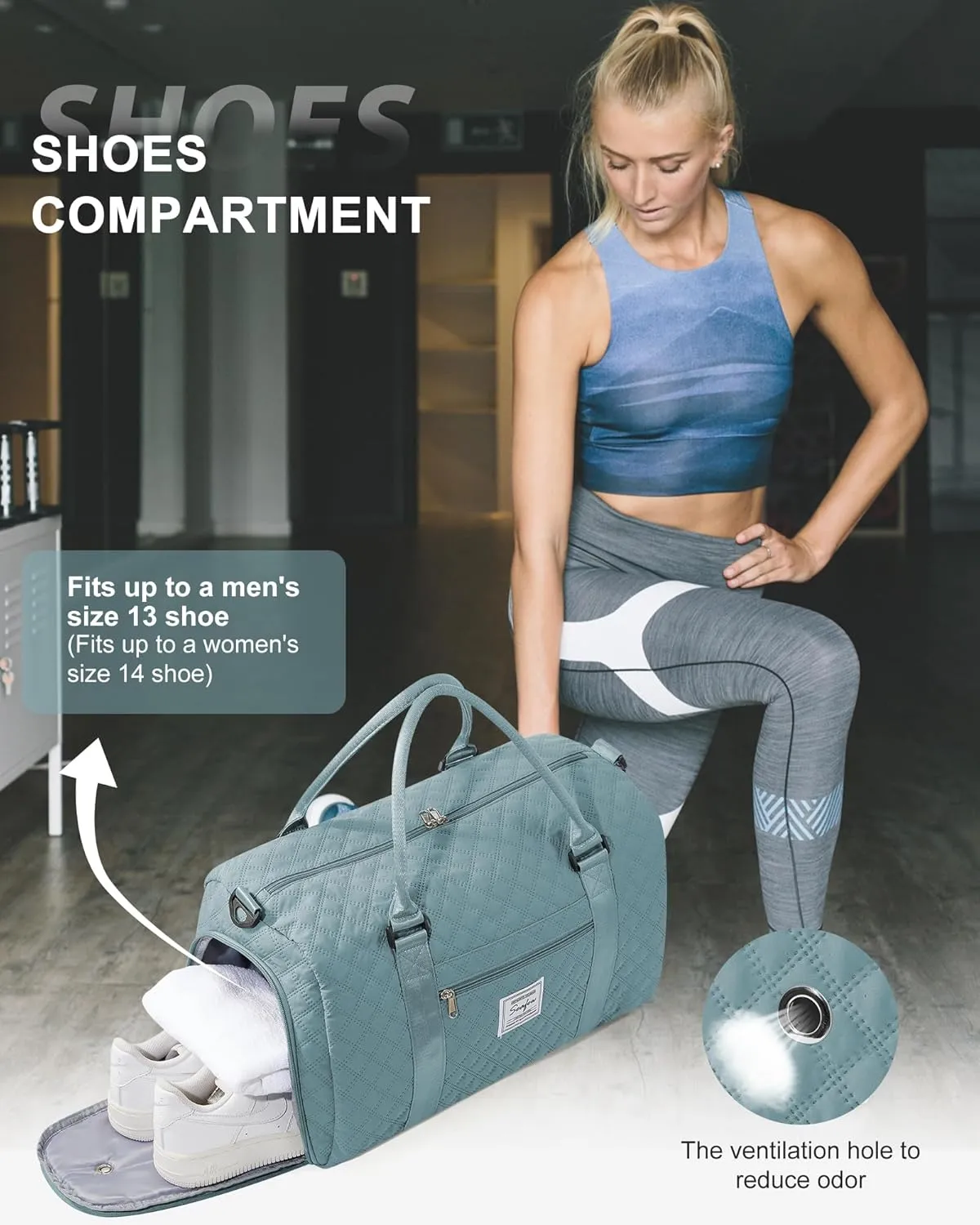 Gym Duffle Bag for Women with Shoe Compartment Waterproof Travel Tote Bags Personal Item Carry On Weekender Overnight Bags with Toiletry Bag Swimming Yoga Bags Hospital Holdalls Light Blue