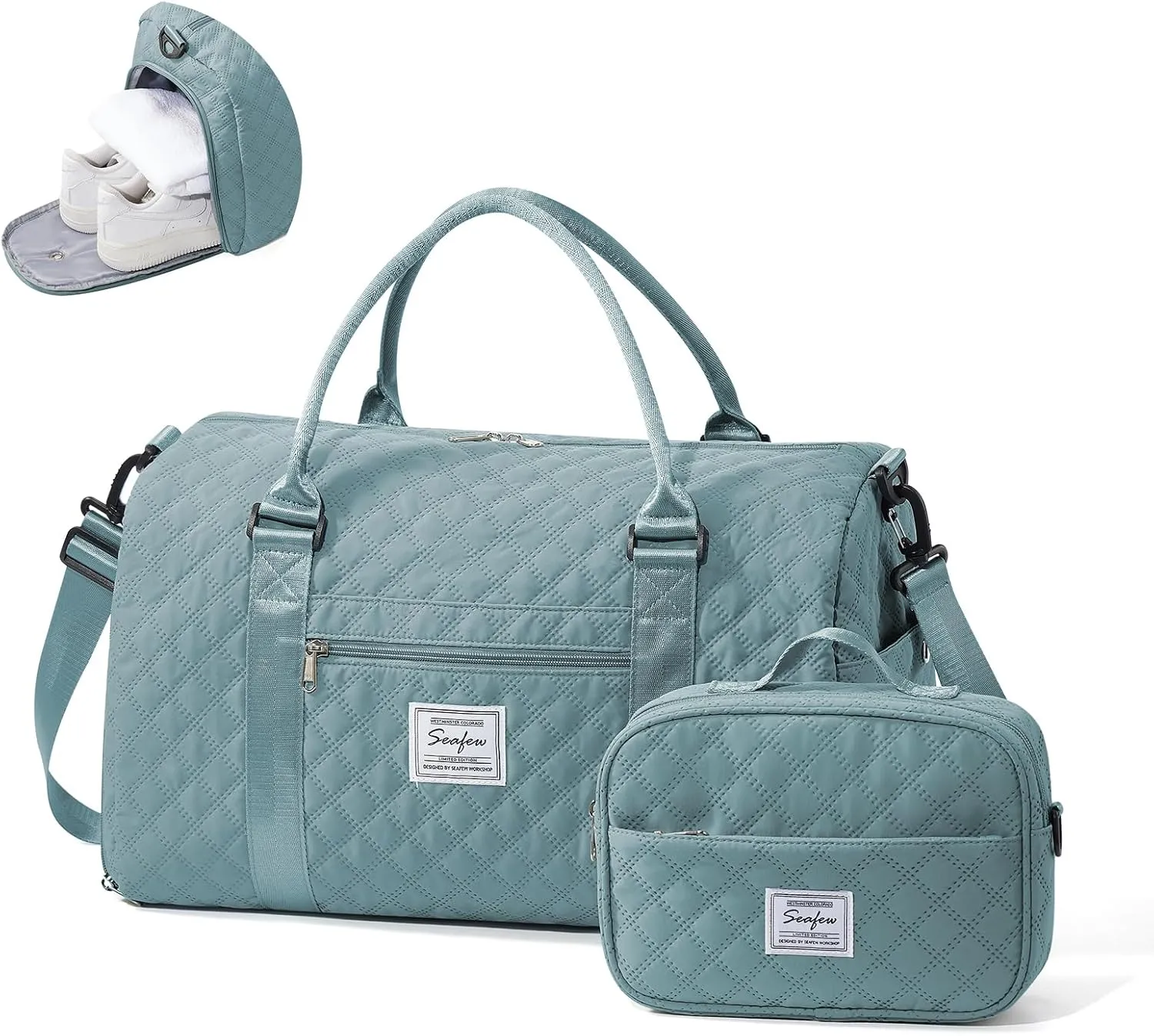 Gym Duffle Bag for Women with Shoe Compartment Waterproof Travel Tote Bags Personal Item Carry On Weekender Overnight Bags with Toiletry Bag Swimming Yoga Bags Hospital Holdalls Light Blue