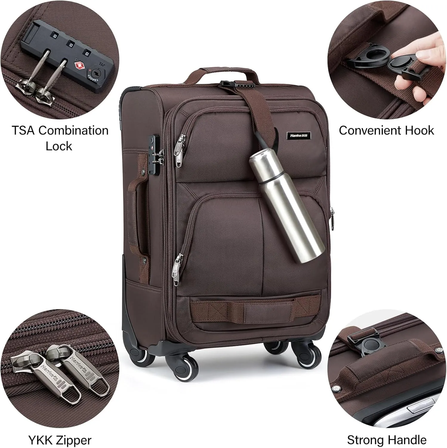 Hanke 3 piece luggage set Softside Expandable luggage with tsa lock,Coffee（20/24/28）