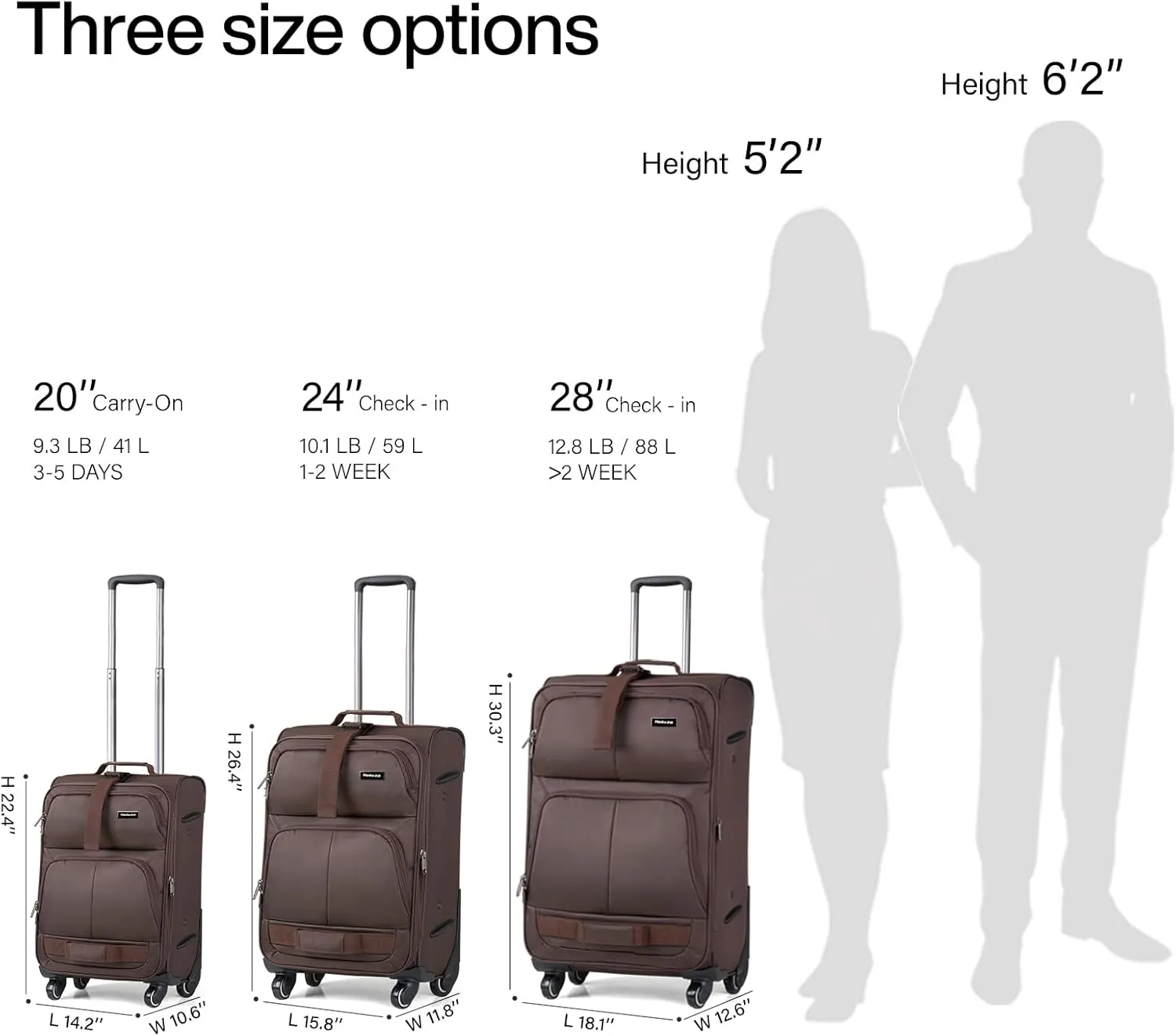 Hanke 3 piece luggage set Softside Expandable luggage with tsa lock,Coffee（20/24/28）