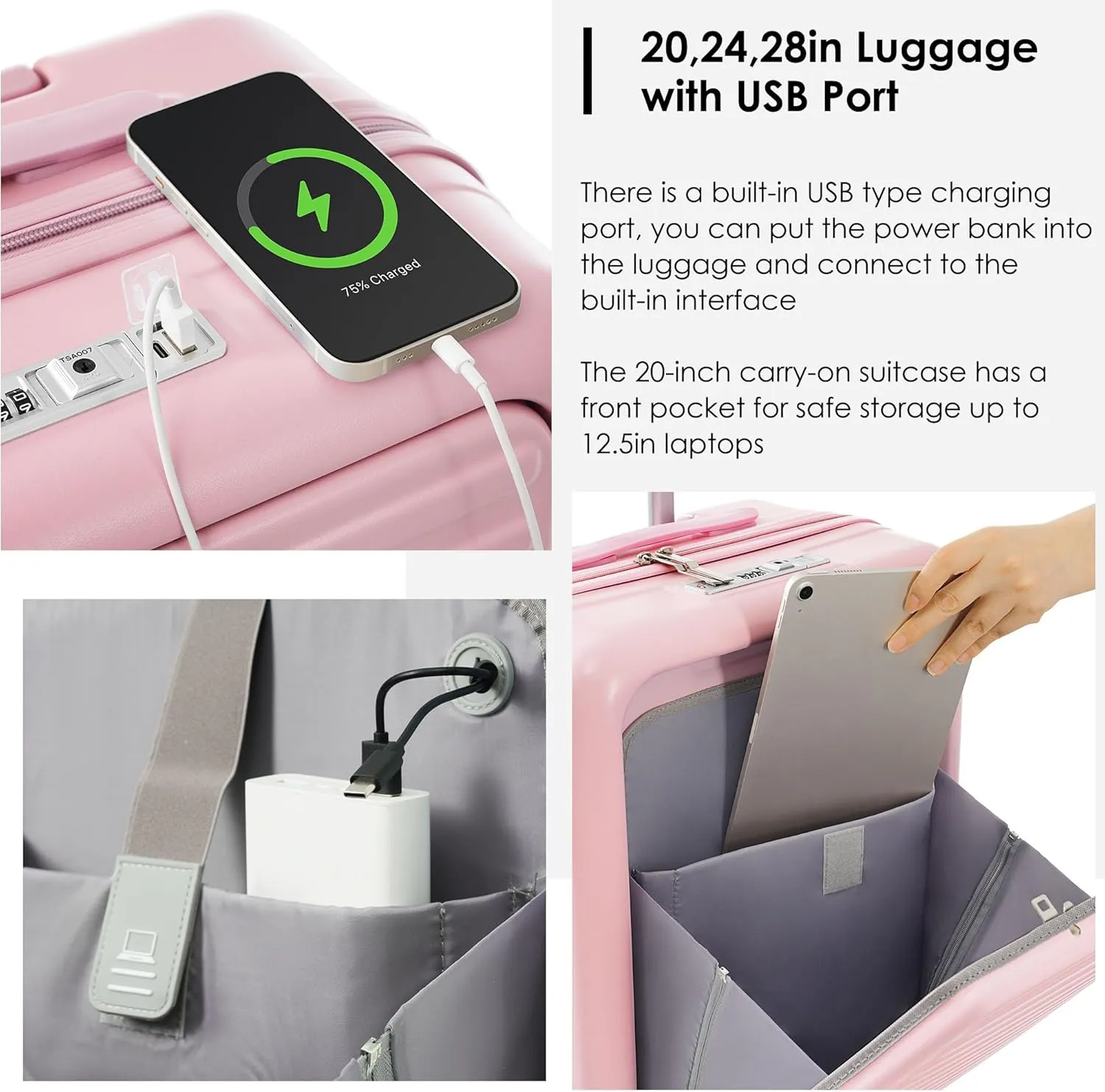 Hard-shell Carry-on Durable Luggage, Front Opening 20-Inch Carry-On Luggage with Expandable Travel Bag Set, ABS Hard Shell Two-piece suitcase set with USB Port, Cup Holder (Pink)