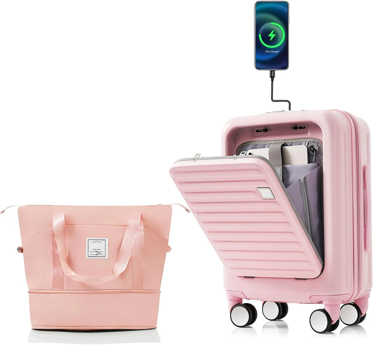 Hard-shell Carry-on Durable Luggage, Front Opening 20-Inch Carry-On Luggage with Expandable Travel Bag Set, ABS Hard Shell Two-piece suitcase set with USB Port, Cup Holder (Pink)