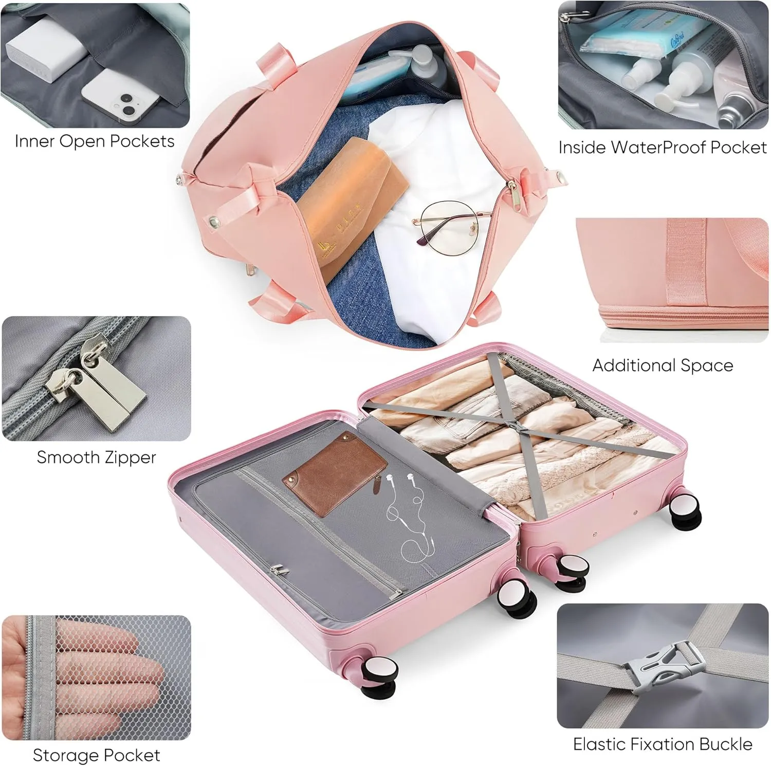 Hard-shell Carry-on Durable Luggage, Front Opening 20-Inch Carry-On Luggage with Expandable Travel Bag Set, ABS Hard Shell Two-piece suitcase set with USB Port, Cup Holder (Pink)