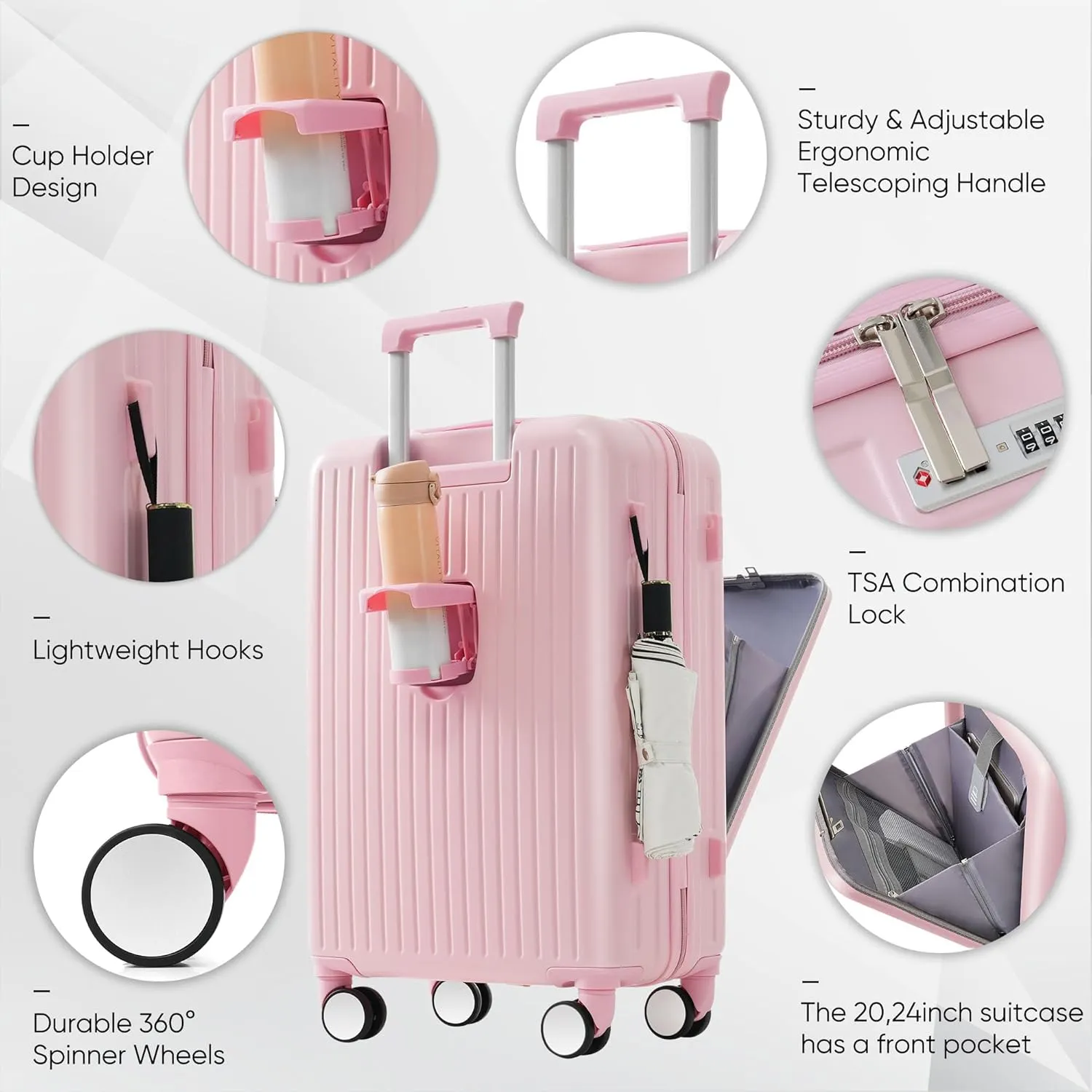 Hard-shell Carry-on Durable Luggage, Front Opening 20-Inch Carry-On Luggage with Expandable Travel Bag Set, ABS Hard Shell Two-piece suitcase set with USB Port, Cup Holder (Pink)
