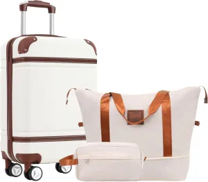 Hardshell Luggage Set with Carry-on Suitcase and Bags, 20 Inch, Double Spinner Wheels, Durable White Design
