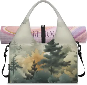 Hazy Evergreen Retreat Tote Bag for Women with Zipper, Gym Tote with Compartments, Work Tote Nurse Dance Yoga Bag for Sport, Travel