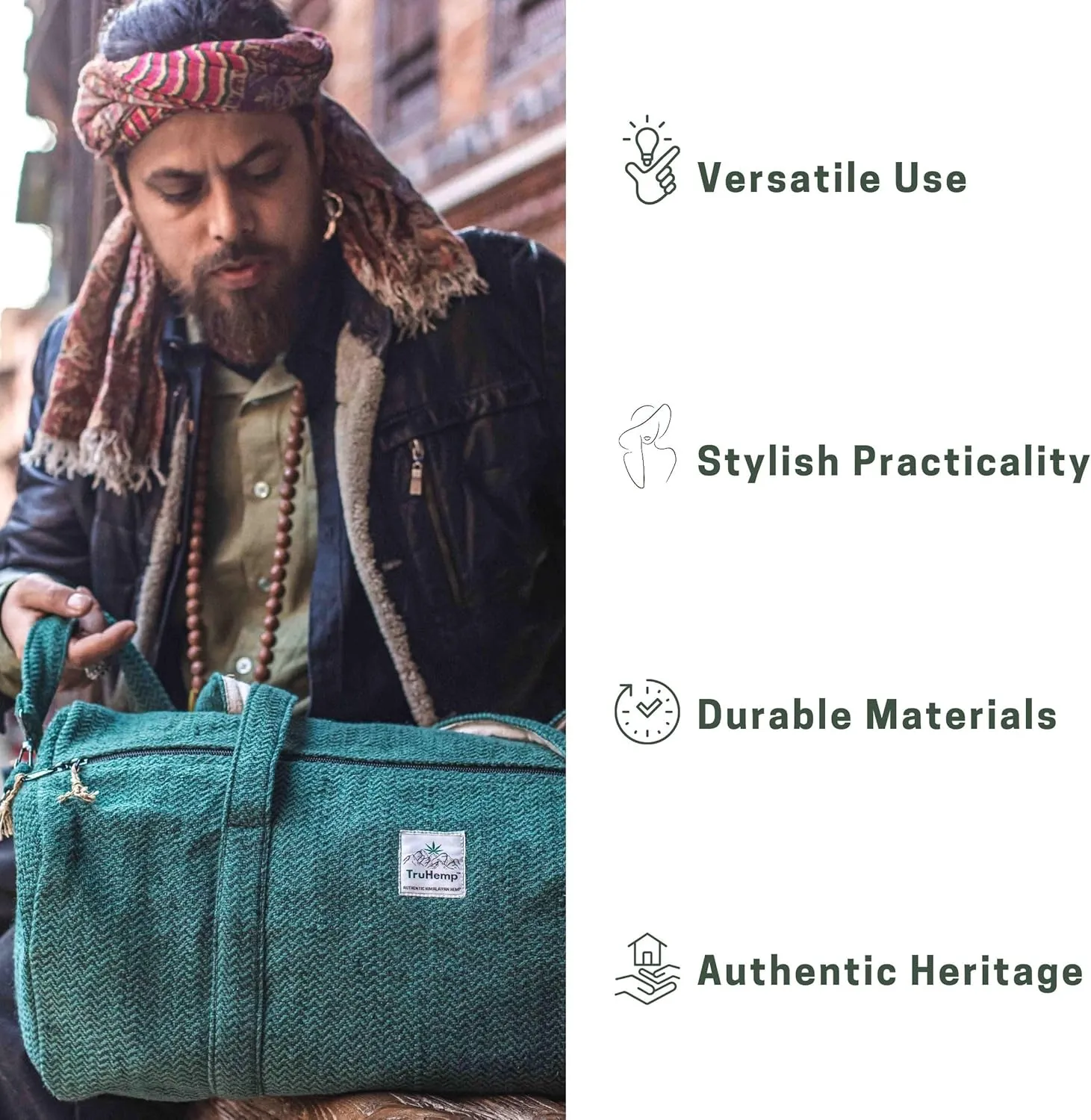 Hemp Duffle Bag, Green – Durable Travel Bag with Shoe Pocket, Spacious Multi-Compartment Weekender, Stylish & Overnight Gym & Sports Bag