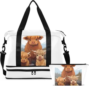 Highland Cow Highscottish Cattle Gym Bag for Women & Men,Duffel Bag with Shoe Pocket,Weekender Overnight Bag with Trolley Sleeve for Travel 21218012