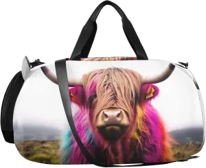 Highland Cow Kids Overnight Duffle Bag,Gymnastics Sports Dance Bag with Shoe Compartment & Wet Pocket, Travel Weekender Tote for Boys & Girls
