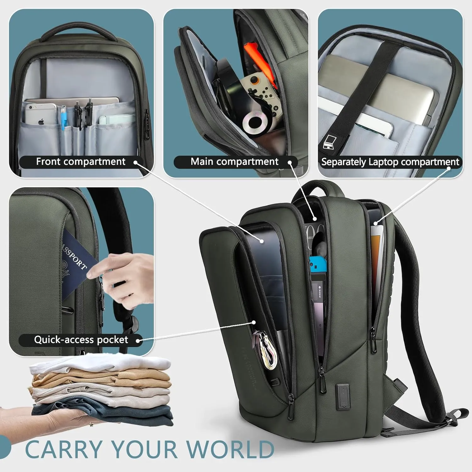 hk Laptop Backpack for Men with USB Charging Port Water-Resistant for 15.6 Inch Computer Bag Durable High-Tech Daypack Casual Backpack for Business Work College Weekender Travel- Green