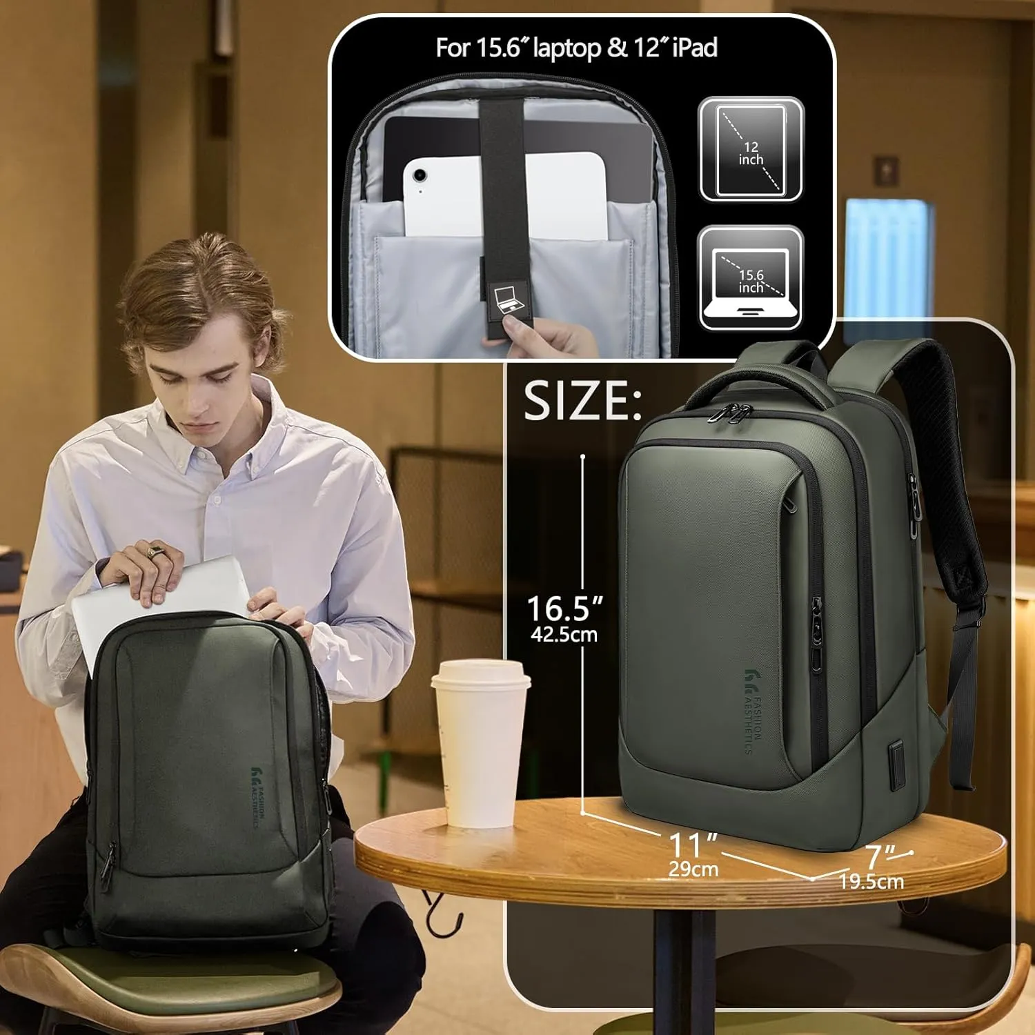 hk Laptop Backpack for Men with USB Charging Port Water-Resistant for 15.6 Inch Computer Bag Durable High-Tech Daypack Casual Backpack for Business Work College Weekender Travel- Green