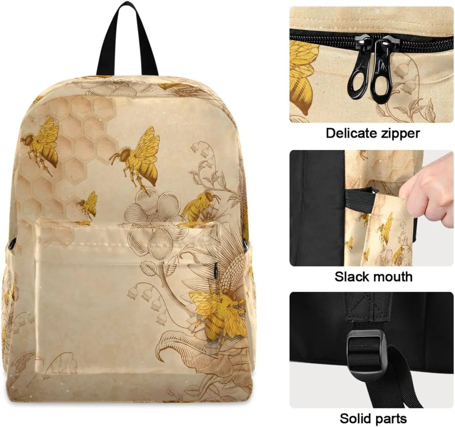 Honey Bees Wildflowers Retro Beige Durable Travel Laptop Backpack Big Computer Bag Gift for Men Women School Bookbags Work (g283064346p409c444s843)