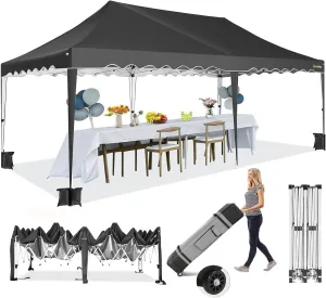 HOTEEL 10x20 Pop Up Canopy,Wheeled Bag & 4 Sandbags, Easy Setup Shelter Gazebo for Wedding, Waterproof and UV50  Protection, Black