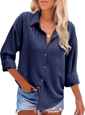 HOTOUCH Womens Long Sleeve Button Down Shirts Oversized Collared Drop Shoulder Work Tops Textured Loose Blouse S-XXXL