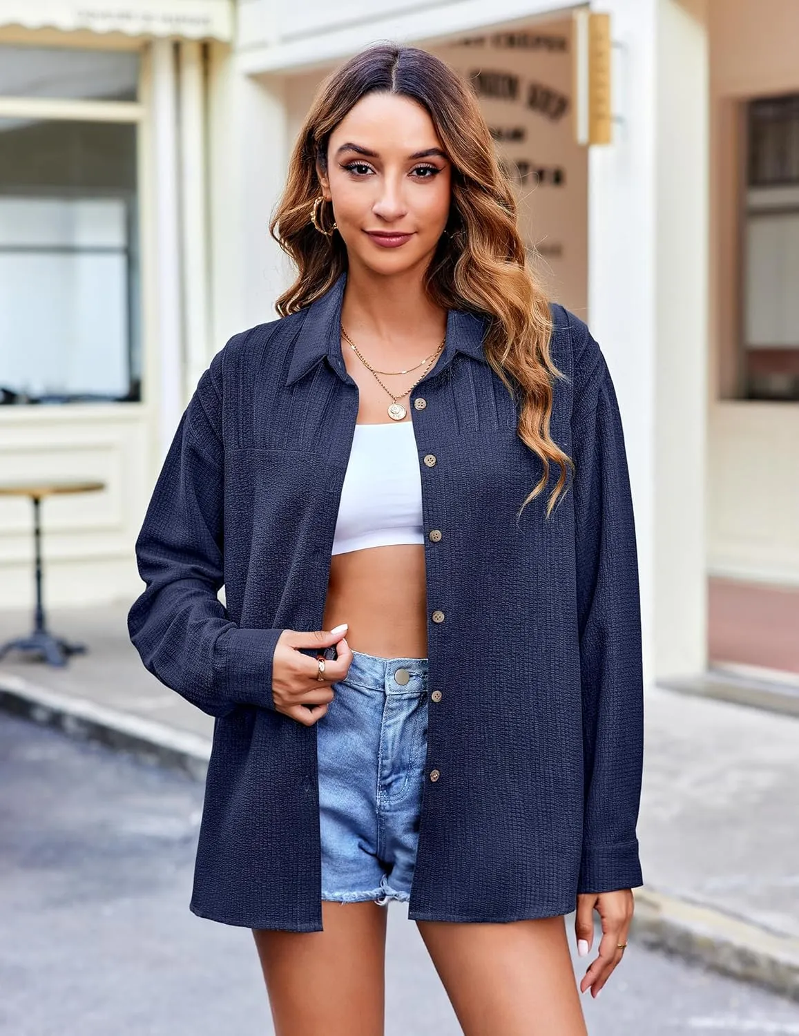 HOTOUCH Womens Long Sleeve Button Down Shirts Oversized Collared Drop Shoulder Work Tops Textured Loose Blouse S-XXXL