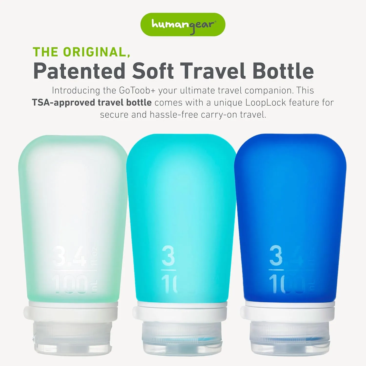 humangear GoToob  3-Pack (Large) | Refillable Silicone Travel Bottle | Locking Lid | Food-Safe Material | Mint/Aqua/Teal, Large (3.4 fl.oz.; 100ml)