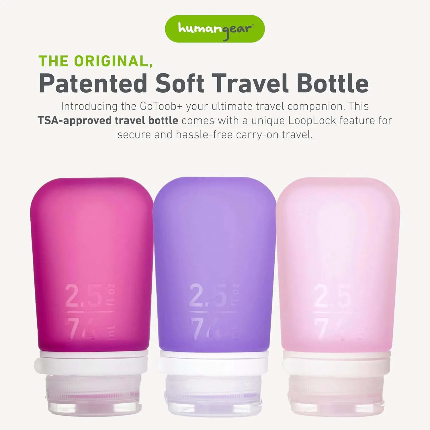 humangear GoToob  3-Pack (Medium) | Refillable Silicone Travel Bottle | Locking Lid | Food-Safe Material | Rose/Lilac/Magenta, Medium (2.5 fl.oz.; 74ml)