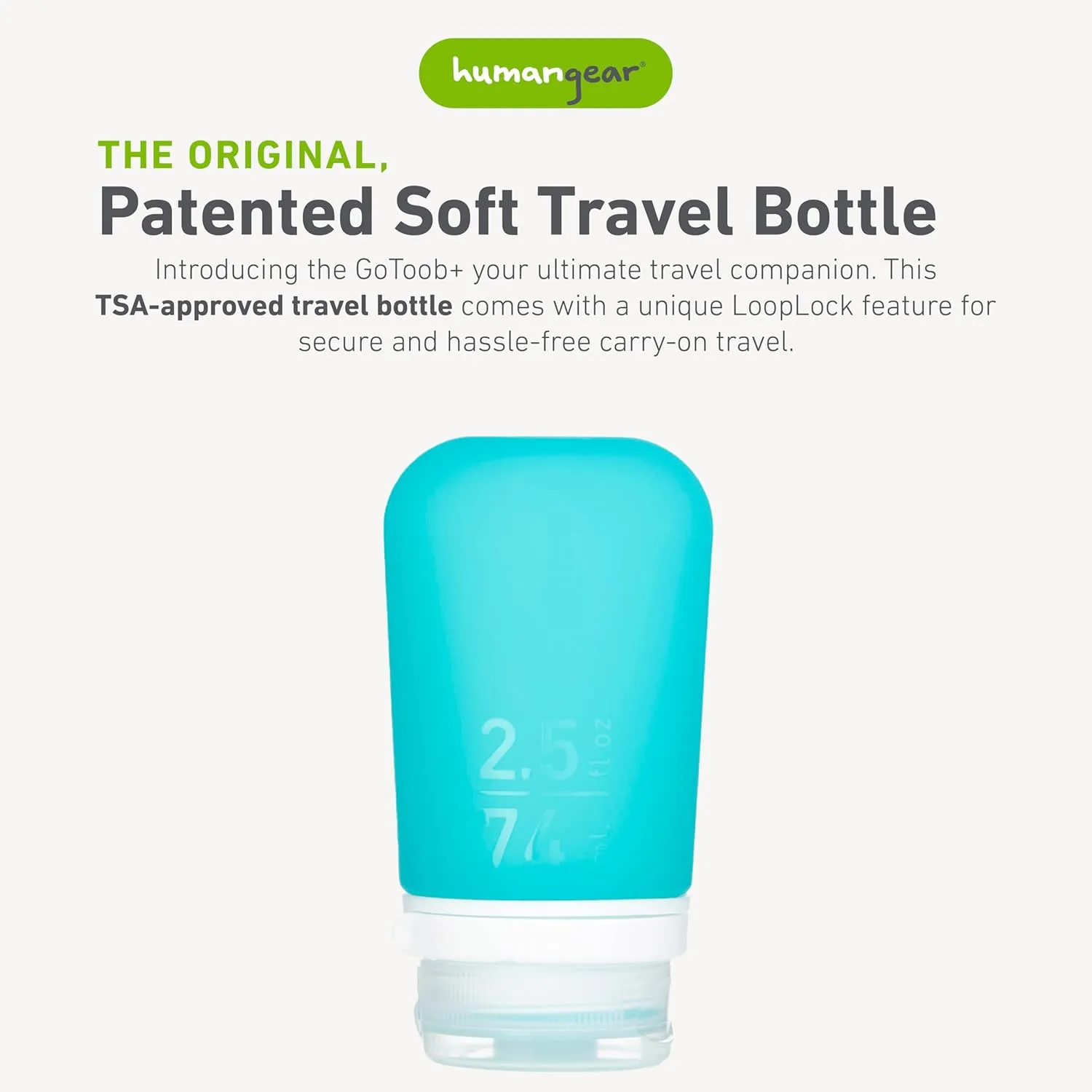 humangear GoToob  (Medium) | Refillable Silicone Travel Bottle | Locking Lid | Food-Safe Material | Aqua, Medium (2.5 fl.oz.; 74ml)