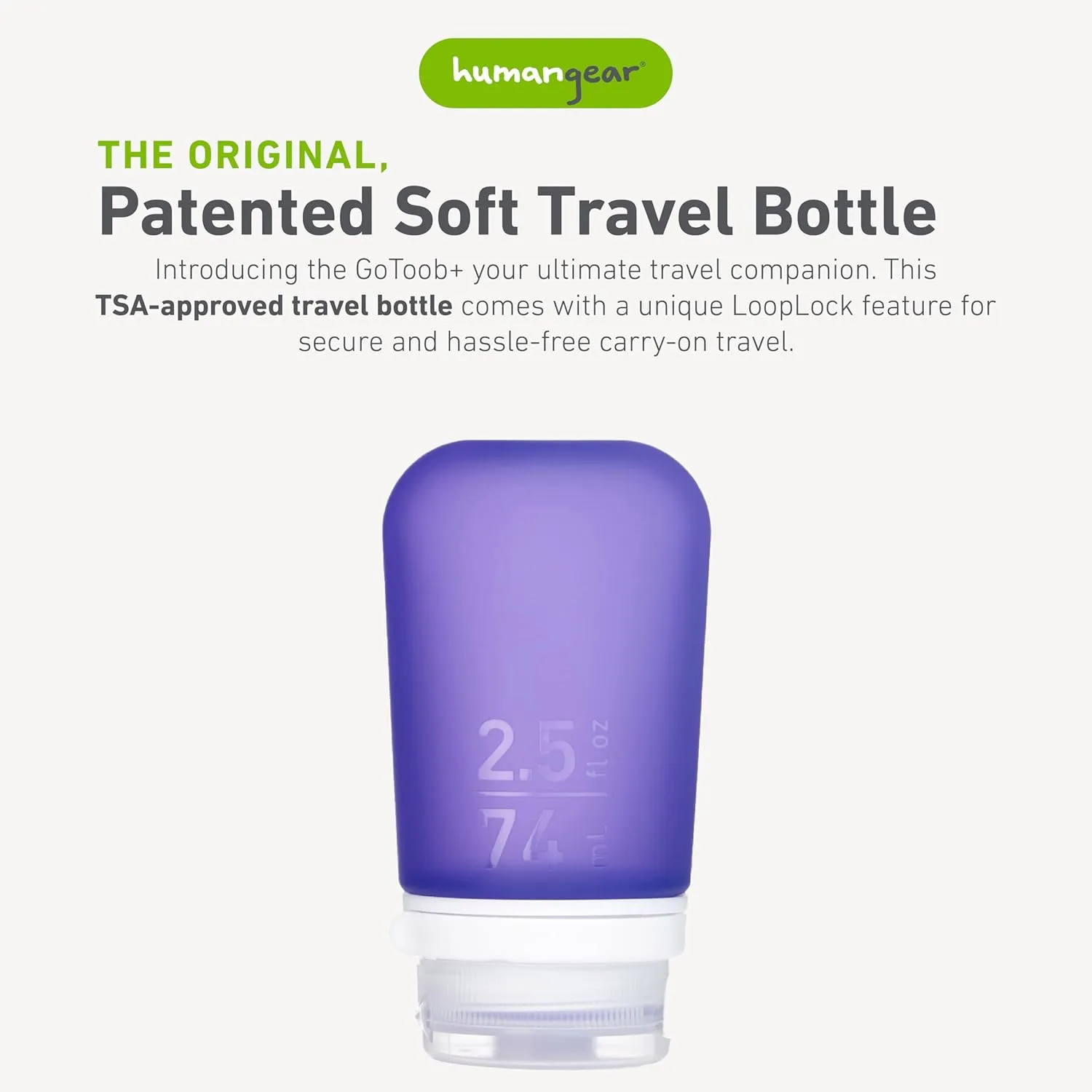 humangear GoToob  (Medium) | Refillable Silicone Travel Bottle | Locking Lid | Food-Safe Material | Purple, Medium (2.5 fl.oz.; 74ml)
