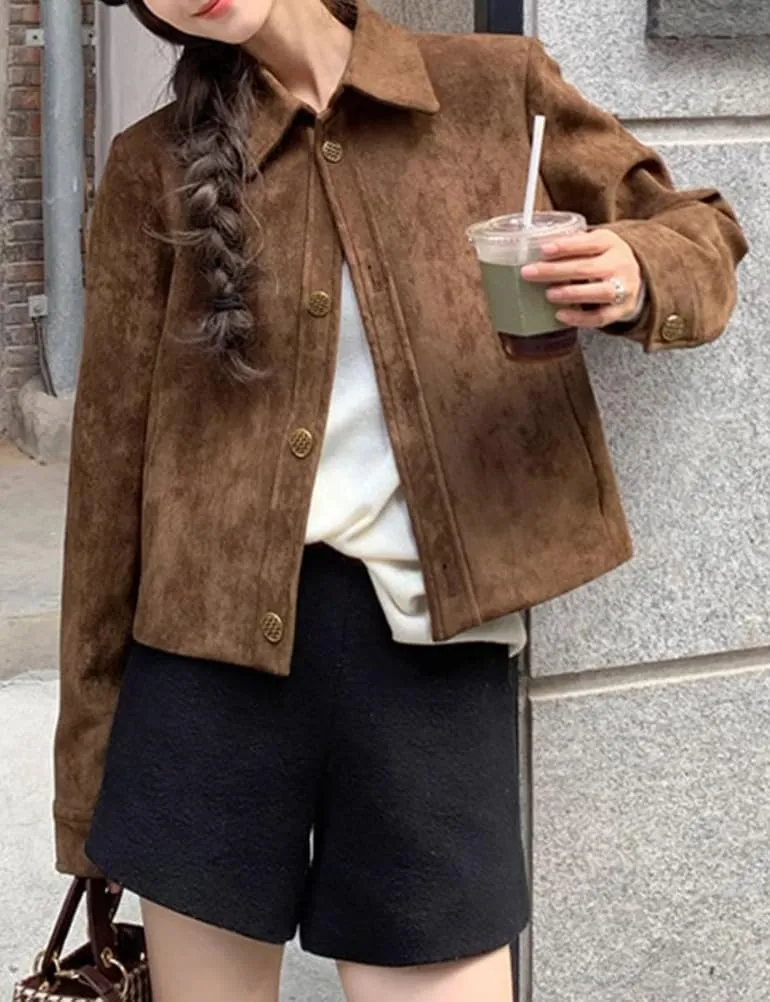 IDEALSANXUN Cropped Suede Jacket Women Fall Winter Casual Vintage Leather Aviator Jackets Outerwear