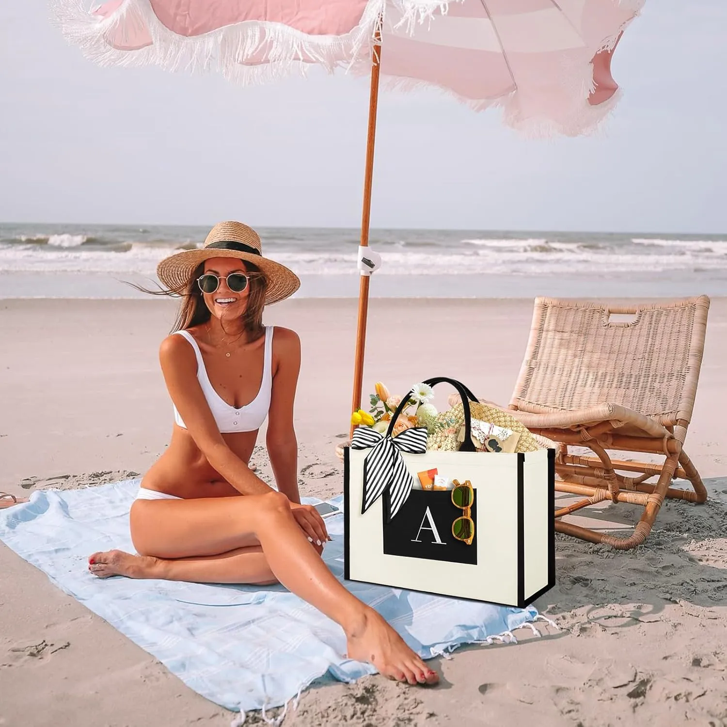 IDEATECH Canvas Tote Bag for Women, Personalized Birthday Gifts for Women, Monogram Beach Tote Bag Great for Wedding, Holiday