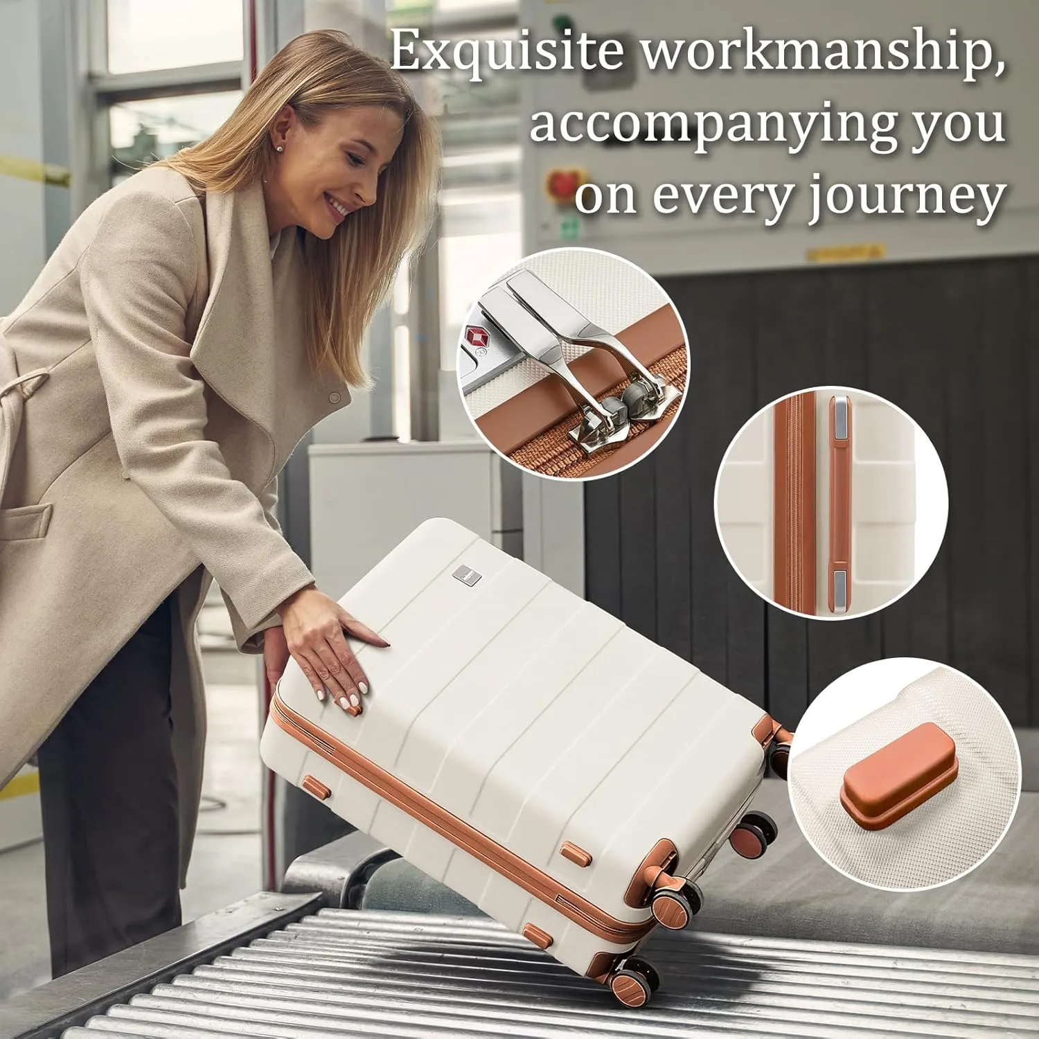 imiomo Hard Shell Luggage Sets 5 Piece for Women, Lightweight Hardside Rolling Suitcase Set with Spinner Wheels and TSA Lock, Beige