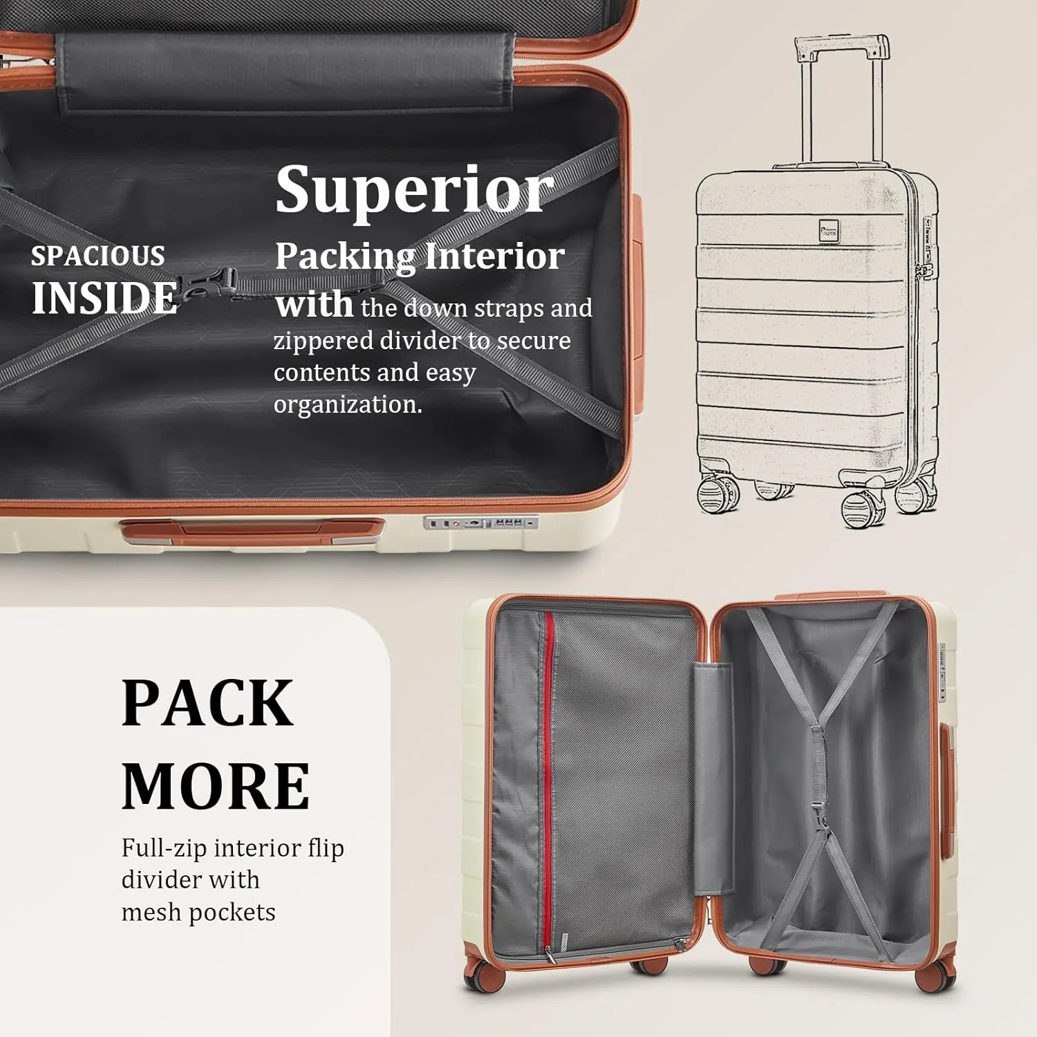 imiomo Hard Shell Luggage Sets 5 Piece for Women, Lightweight Hardside Rolling Suitcase Set with Spinner Wheels and TSA Lock, Beige