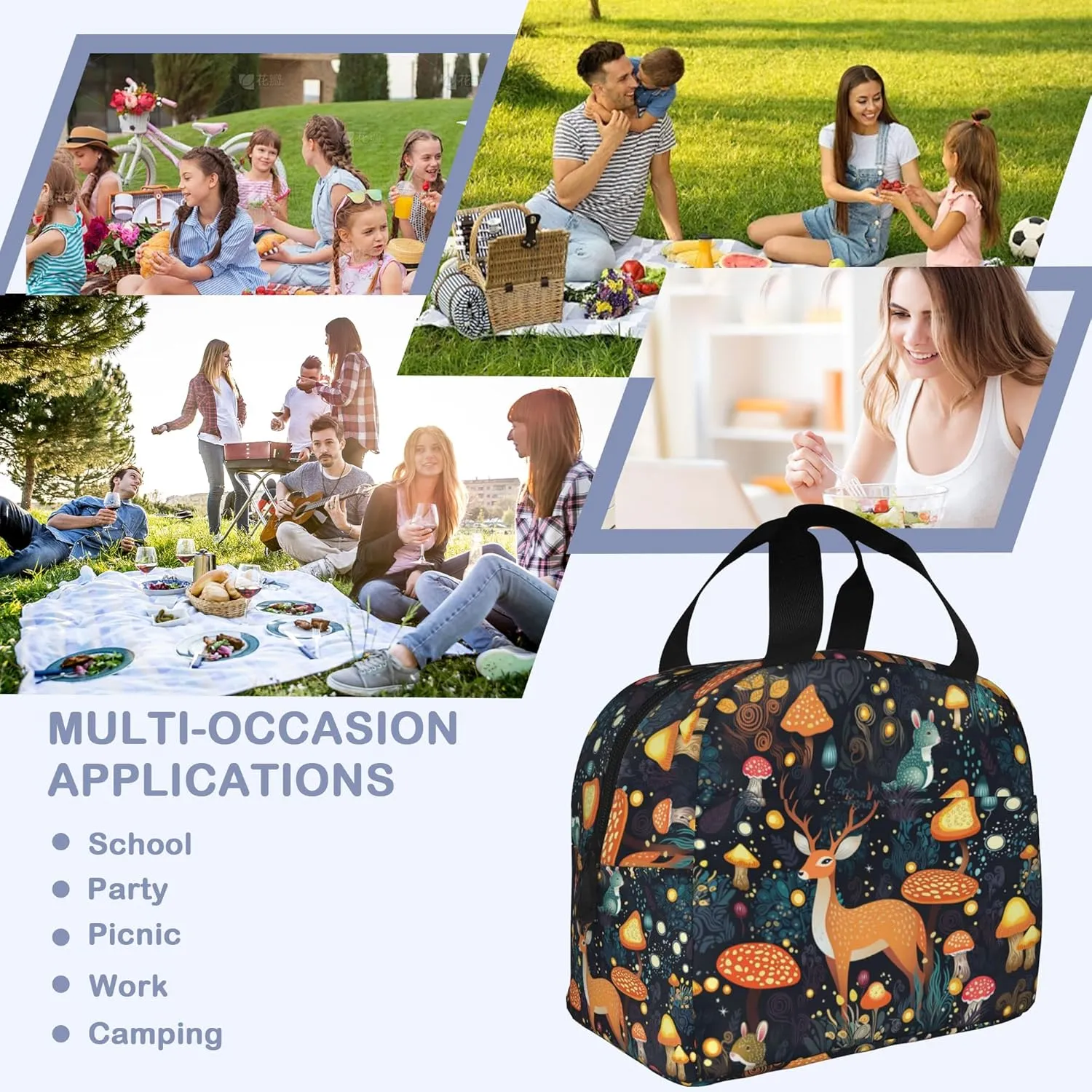 Insulated Lunch Bag,Forest With Mushrooms,Deer Lunch Box for School Student Kids Boys Girls,Leakproof Small Lunch Tote for Adult Men Women,Reusable Lunch Cooler Tote Bag for Office Work Picnic