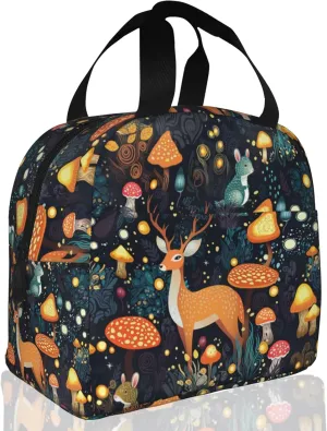 Insulated Lunch Bag,Forest With Mushrooms,Deer Lunch Box for School Student Kids Boys Girls,Leakproof Small Lunch Tote for Adult Men Women,Reusable Lunch Cooler Tote Bag for Office Work Picnic