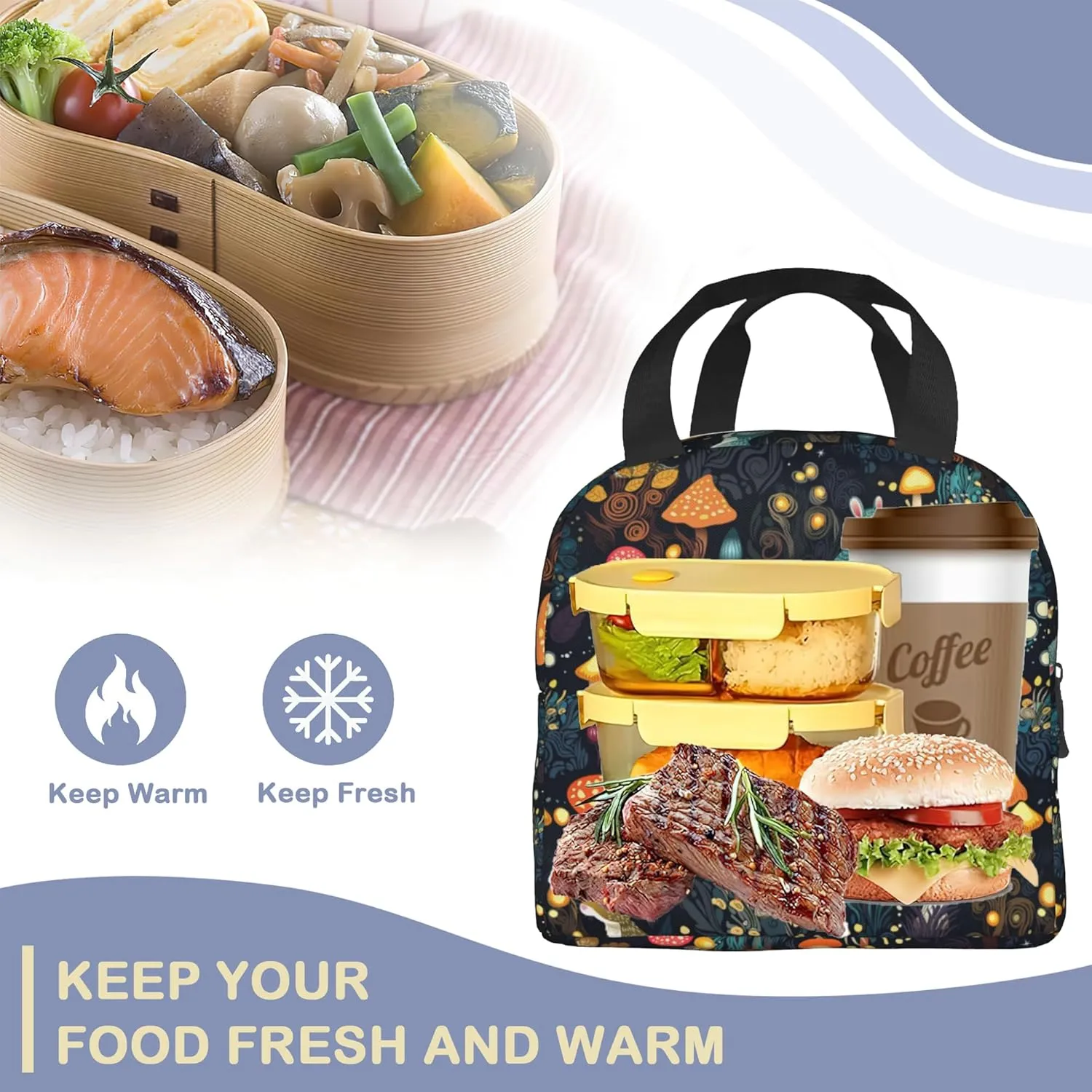 Insulated Lunch Bag,Forest With Mushrooms,Deer Lunch Box for School Student Kids Boys Girls,Leakproof Small Lunch Tote for Adult Men Women,Reusable Lunch Cooler Tote Bag for Office Work Picnic